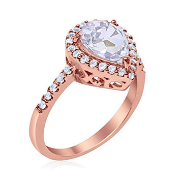Halo Teardrop Bridal Filigree Ring Rose Tone, Simulated CZ 925 Sterling Silver